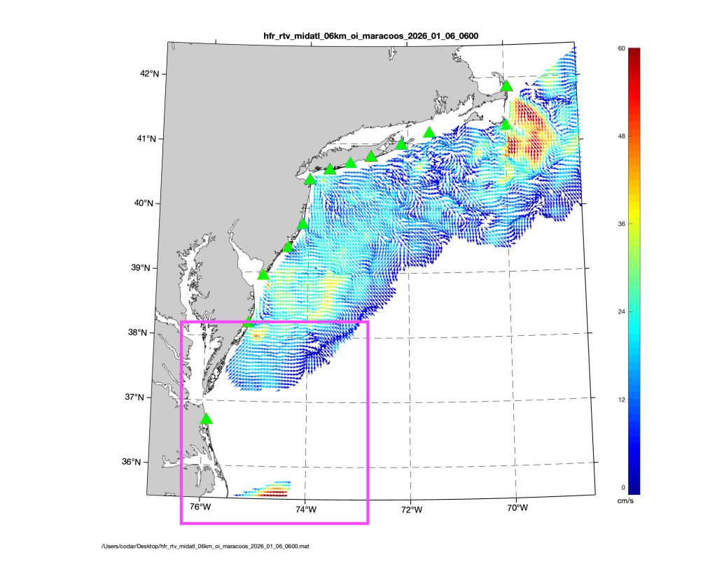 Data map displaying HFR plots along the mid-atlantic coast